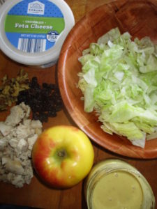ingredients for apple raisin salad with chicken with creamy maple mustard chicken