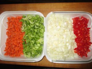 Holy Trinity veggies prepped for Cajun Gumbo.