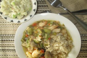 cajun gumbo with potato salad