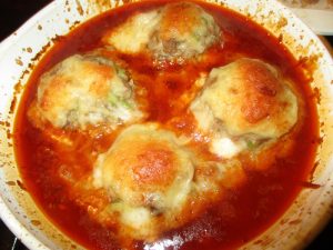 Giant Meat-za-Balls in baking dish