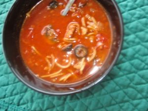 Pizza Noodle Soup in a bowl. 